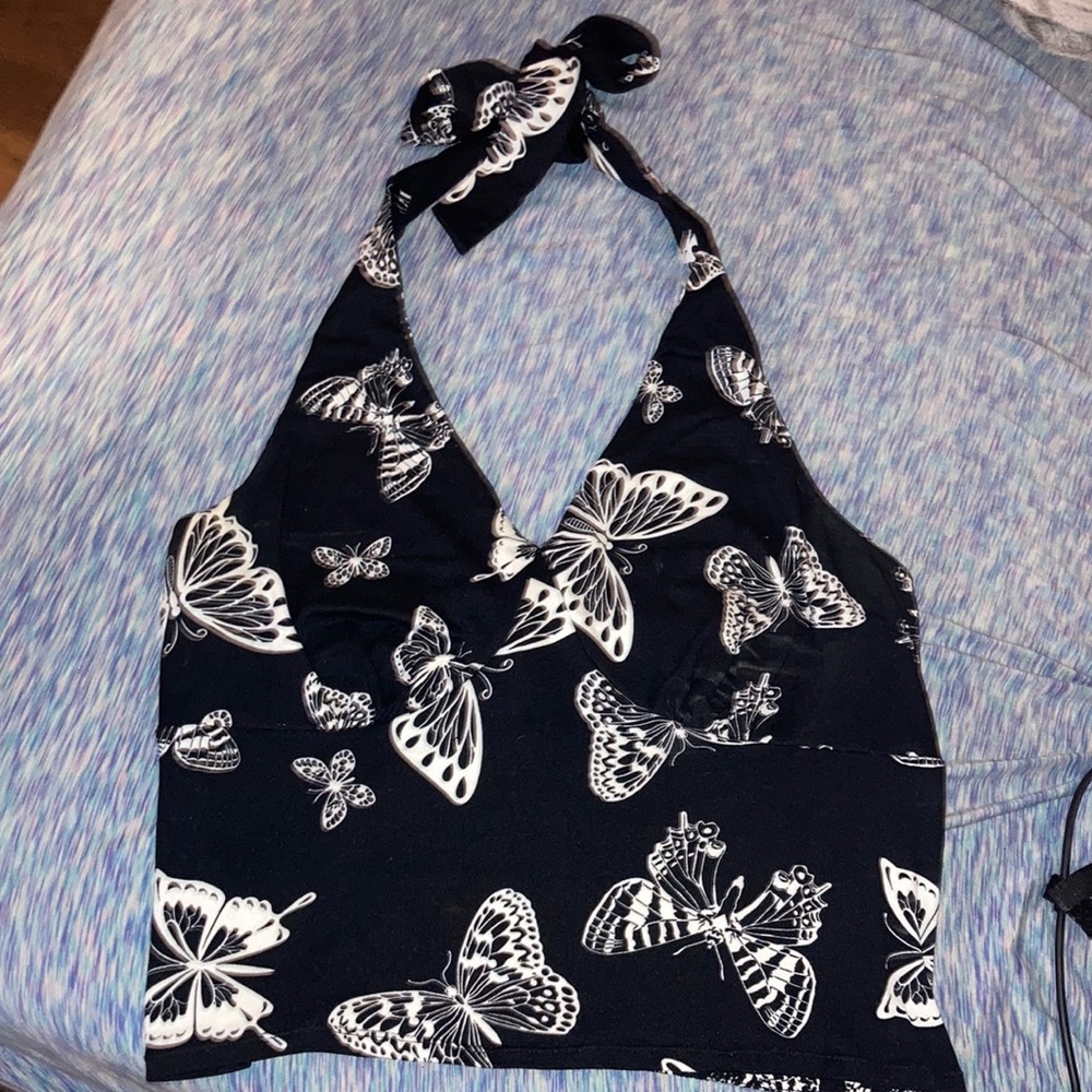 Black and white butterfly crop top